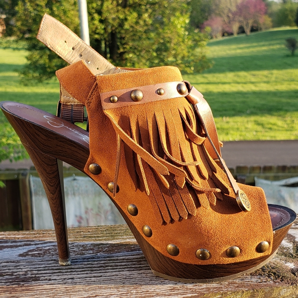 Jessica Simpson Fringe Boho Brown Heels